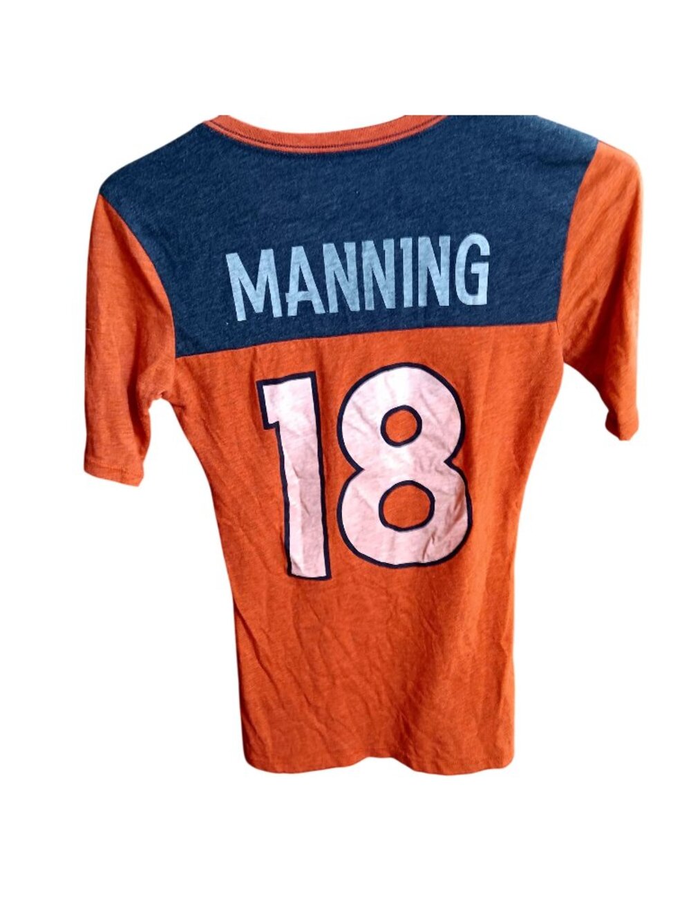 XS Denver Broncos Peyton Manning #18 Womens T-Shirt V-Neck Orange Blue Nike NFL